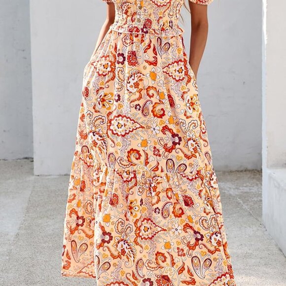 Womens Summer Boho Floral Maxi Dress V Neck Puff Short Sleeve Flowy - Picture 4 of 6